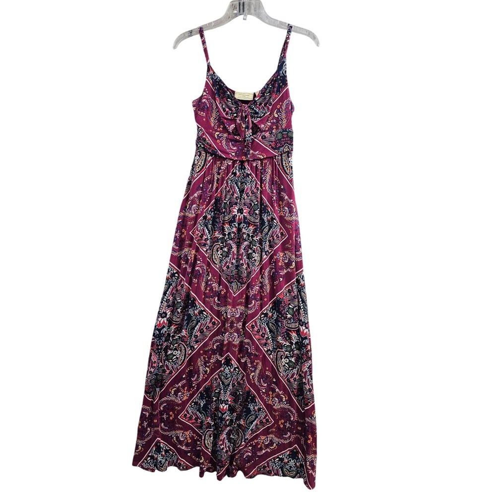 Moulinette Soeurs Maxi Dress Women XS Burgundy‎ Paisley Boho Tie Front Pockets